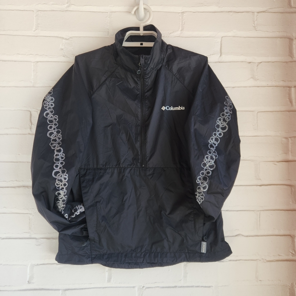 Womens Columbia Windbreaker Jacket Pullover Packable Black Geometric Size Small